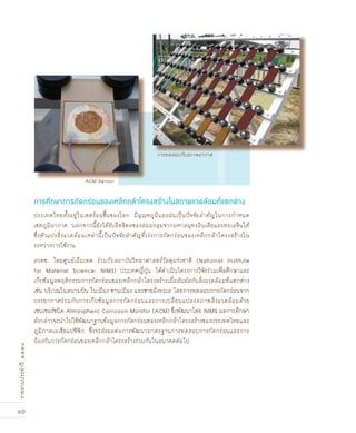 60
รายงานประจำปี๒๕๕๑
ประเทศไทยตั้งอยู่ในเขตร้อนชื้นของโลก มีอุณหภูมิและฝนเป็นปัจจัยสำคัญในการกำหนด
เขตภูมิอากาศ นอกจากนี้ยังได้รับอิทธิพลของลมมรสุมจากมหาสมุทรอินเดียและทะเลจีนใต้
ซึ่งตัวแปรสิ่งแวดล้อมเหล่านี้เป็นปัจจัยสำคัญที่เร่งการกัดกร่อนของเหล็กกล้าโครงสร้างใน
ระหว่างการใช้งาน
สวทช. โดยศูนย์เอ็มเทค ร่วมกับสถาบันวิทยาศาสตร์วัสดุแห่งชาติ (National Institute
for Material Science: NIMS) ประเทศญี่ปุ่น ได้ดำเนินโครงการวิจัยร่วมเพื่อศึกษาและ
เก็บข้อมูลพฤติกรรมการกัดกร่อนของเหล็กกล้าโครงสร้างเมื่อสัมผัสกับสิ่งแวดล้อมที่แตกต่าง
เช่น บริเวณในสนามบิน ในเมือง ชานเมือง และชายฝั›งทะเล โดยการทดสอบการกัดกร่อนจาก
บรรยากาศร่วมกับการเก็บข้อมูลการกัดกร่อนและการเปลี่ยนแปลงสภาพสิ่งแวดล้อมด้วย
เซนเซอร์ชนิด Atmospheric Corrosion Monitor (ACM) ซึ่งพัฒนาโดย NIMS ผลการศึกษา
ดังกล่าวจะนำไปใช้พัฒนาฐานข้อมูลการกัดกร่อนของเหล็กกล้าโครงสร้างของประเทศไทยและ
ภูมิภาคเอเชียแปซิฟิก ซึ่งจะส่งผลต่อการพัฒนามาตรฐานการทดสอบการกัดกร่อนและการ
ป้องกันการกัดกร่อนของเหล็กกล้าโครงสร้างร่วมกันในอนาคตต่อไป
การศÖกษาการกัดกร่อนของเหลçกกล้าโครงสร้างในสภาพแวดล้อมที่แตกต่าง
ACM-Sensor
การทดสอบกับสภาพอากาศ
 