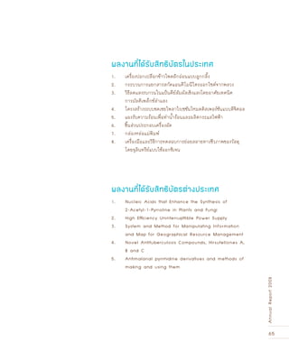 65
AnnualReport2008
1. 	 เครื่องปอกเปลือกข้าวโพดฝักอ่อนแบบลูกกลิ้ง
2. 	 กระบวนการแยกสารสกัดแอนติโมนีไตรออกไซด์จากพลวง
3.	 วิธีลดแสงรบกวนในแป้นคีย์สัมผัสเชิงแสงโดยอาศัยเทคนิค
	 การมัลติเพล็กซ์ลำแสง
4. 	 โครงสร้างระบบชดเชยโพลาไรเซชันโหมดดิสเพอร์ชันแบบดิจิตอล
5. 	 แผงรับความร้อนเพื่อทำน้ำร้อนและผลิตกระแสไฟฟ้า
6. 	 ชิ้นส่วนประกอบเครื่องอัด
7. 	 กล่องหล่อแม่พิมพ์
8. 	 เครื่องมือและวิธีการทดสอบการย่อยสลายทางชีวภาพของวัสดุ
	 โดยจุลินทรีย์แบบใช้ออกซิเจน
1. 	 Nucleic Acids that Enhance the Synthesis of
	 2-Acetyl-1-Pyrroline in Plants and Fungi
2. 	 High Efficiency Uninterrupttible Power Supply
3. 	 System and Method for Manipulating Information
	 and Map for Geographical Resource Management
4. 	 Novel Antituberculosis Compounds, Hirsutellones A,
	 B and C
5. 	 Antimalarial pyrimidine derivatives and methods of
	 making and using them
ผลงานที่ได้รับสิทธิบัตรในประเทศ
ผลงานที่ได้รับสิทธิบัตรต่างประเทศ
 