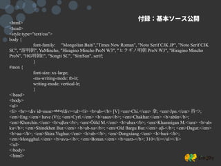 <html>
<head>
<style type="text/css">
body {
font-family: "Mongolian Baiti","Times New Roman", "Noto Serif CJK JP", "Noto Serif CJK
SC", "游明朝", YuMincho, "Hiragino Mincho ProN W3", "ヒラギノ明朝 ProN W3", "Hiragino Mincho
ProN", "HG明朝E", "Songti SC", "SimSun", serif;
}
#mon {
font-size: xx-large;
-ms-writing-mode: tb-lr;
writing-mode: vertical-lr;
}
</head>
<body>
<ul>
<li> <br><div id=mon>ᠠᠪᠬᠤ</div><ul><li> <b>ab-</b> [V] <em>Chi.</em> 拿; <em>Jpn.</em> 持つ;
<em>Eng.</em> have (Vt); <em>Cyrl.</em> <b>авах</b>; <em>Chakhar.</em> <b>abӑn</b>;
<em>Khorchin.</em> <b>ɑβəx</b>; <em>Ööld M.</em> <b>abax</b>; <em>Khamnigan M.</em> <b>ab-
ku</b>; <em>Shinekhen Bur.</em> <b>ab-xa</b>; <em>Old Bargu Bur.</em> ɑβ-</b>; <em>Dagur.</em>
<b>au-</b>; <em>Shira Yughur.</em> <b>ab-</b>; <em>Dongxiang.</em> <b>bari-</b>;
<em>Mongghul.</em> <b>avu-</b>; <em>Bonan.</em> <b>uarə-</b>; 310</li></ul></li>
</ul>
</body>
</html>
 