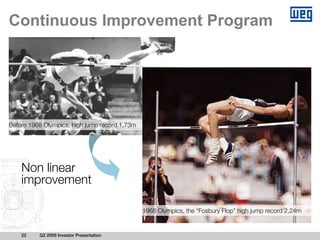 Continuous Improvement Program




Before 1968 Olympics, high jump record 1,73m




    Non linear
    improvement

                                               1968 Olympics, the “Fosbury Flop” high jump record 2,24m


    22    Q2 2009 Investor Presentation
 