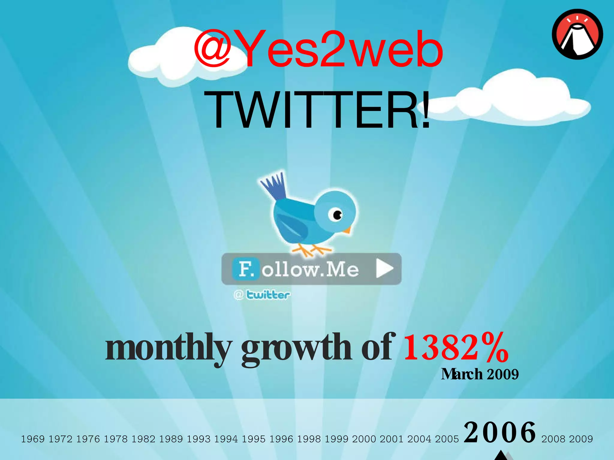 1969 1972 1976 1978 1982 1989 1993   1994 1995 1996 1998 1999 2000 2001 2004 2005  2006  2008 2009 @Yes2web  TWITTER! monthly growth of  1382% March 2009 