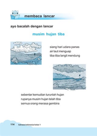 membaca lancar

ayo bacalah dengan lancar

                     musim hujan tiba


                                 siang hari udara panas
                                 air laut menguap
                                 tiba tiba langit mendung




        sebentar kemudian turunlah hujan
        rupanya musim hujan telah tiba
        semua orang merasa gembira




114   bahasa indonesia kelas 1
 