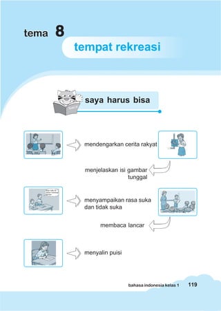 tema         8
                    tempat rekreasi



                     saya harus bisa




                     mendengarkan cerita rakyat



                     menjelaskan isi gambar
                                     tunggal

   saya suka ke
   kebun binatang
   karena



                     menyampaikan rasa suka
                     dan tidak suka


                          membaca lancar



                     menyalin puisi




                                      bahasa indonesia kelas 1   119
 