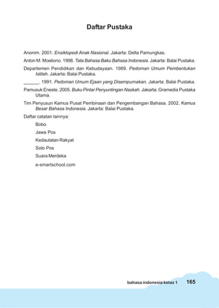 Daftar Pustaka


Anonim. 2001. Ensiklopedi Anak Nasional. Jakarta: Delta Pamungkas.
Anton M. Moeliono. 1998. Tata Bahasa Baku Bahasa Indonesia. Jakarta: Balai Pustaka.
Departemen Pendidikan dan Kebudayaan. 1989. Pedoman Umum Pembentukan
    Istilah. Jakarta: Balai Pustaka.
______. 1991. Pedoman Umum Ejaan yang Disempurnakan. Jakarta: Balai Pustaka.
Pamusuk Eneste. 2005. Buku Pintar Penyuntingan Naskah. Jakarta: Gramedia Pustaka
    Utama.
Tim Penyusun Kamus Pusat Pembinaan dan Pengembangan Bahasa. 2002. Kamus
     Besar Bahasa Indonesia. Jakarta: Balai Pustaka.
Daftar catatan lainnya:
      Bobo
      Jawa Pos
      Kedaulatan Rakyat
      Solo Pos
      Suara Merdeka
      e-smartschool.com




                                                  bahasa indonesia kelas 1    165
 