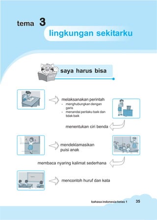 tema   3
            lingkungan sekitarku



                 saya harus bisa



                  melaksanakan perintah
                  - menghubungkan dengan
                    garis
                  - menandai perilaku baik dan
                    tidak baik


                    menentukan ciri benda



                 mendeklamasikan
                 puisi anak


       membaca nyaring kalimat sederhana



                  mencontoh huruf dan kata




                                    bahasa indonesia kelas 1   35
 