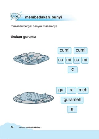membedakan bunyi

makanan bergizi banyak macamnya


tirukan gurumu



                                  cumi        cumi

                                  cu mi cu mi

                                          c



                                  gu     ra    meh

                                       gurameh

                                         g


54   bahasa indonesia kelas 1
 
