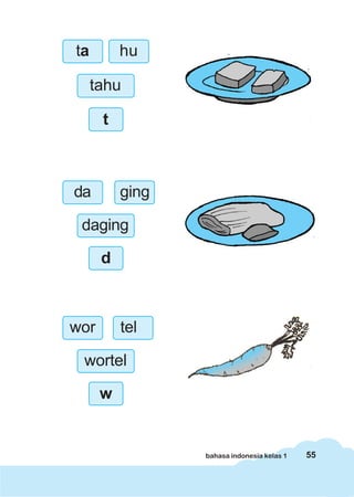 ta        hu

     tahu

      t



da        ging

 daging

      d



wor       tel

 wortel

      w


                 bahasa indonesia kelas 1   55
 