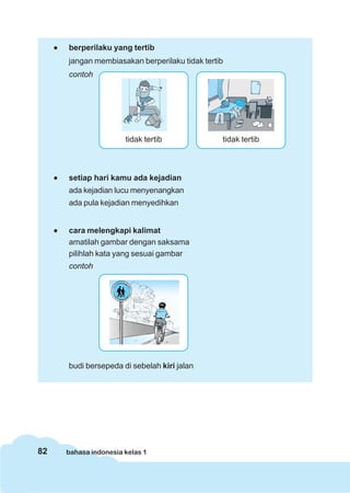 •   berperilaku yang tertib
         jangan membiasakan berperilaku tidak tertib
         contoh




                          tidak tertib             tidak tertib



     •   setiap hari kamu ada kejadian
         ada kejadian lucu menyenangkan
         ada pula kejadian menyedihkan


     •   cara melengkapi kalimat
         amatilah gambar dengan saksama
         pilihlah kata yang sesuai gambar
         contoh




         budi bersepeda di sebelah kiri jalan




82       bahasa indonesia kelas 1
 