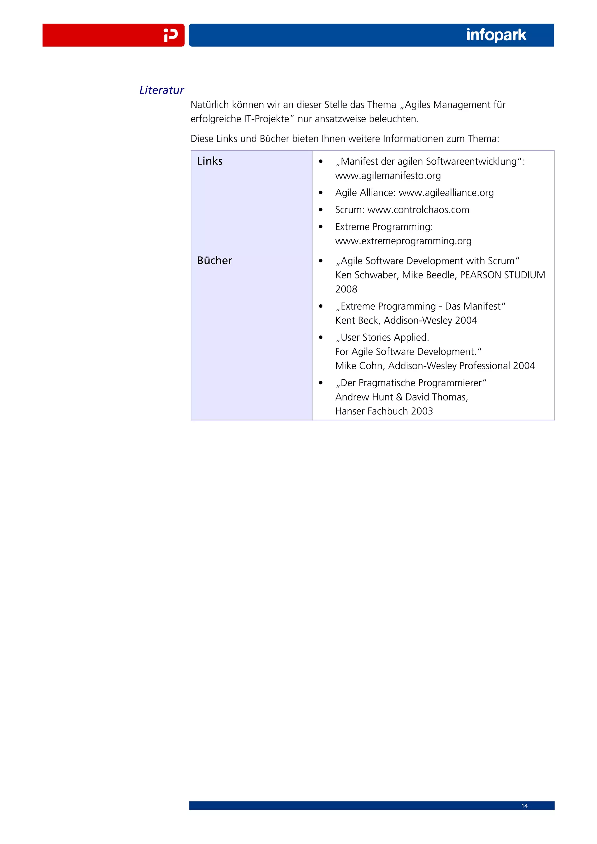 Literatur
            Natürlich können wir an dieser Stelle das Thema „Agiles Management für
            erfolgreiche IT-Projekte“ nur ansatzweise beleuchten.
            Diese Links und Bücher bieten Ihnen weitere Informationen zum Thema:

             Links                      •   „Manifest der agilen Softwareentwicklung“:
                                            www.agilemanifesto.org
                                        •   Agile Alliance: www.agilealliance.org
                                        •   Scrum: www.controlchaos.com
                                        •   Extreme Programming:
                                            www.extremeprogramming.org
             Bücher                     •   „Agile Software Development with Scrum“
                                            Ken Schwaber, Mike Beedle, PEARSON STUDIUM
                                            2008
                                        •   „Extreme Programming - Das Manifest“
                                            Kent Beck, Addison-Wesley 2004
                                        •   „User Stories Applied.
                                            For Agile Software Development.“
                                            Mike Cohn, Addison-Wesley Professional 2004
                                        •   „Der Pragmatische Programmierer“
                                            Andrew Hunt & David Thomas,
                                            Hanser Fachbuch 2003




                                                                                     14
 