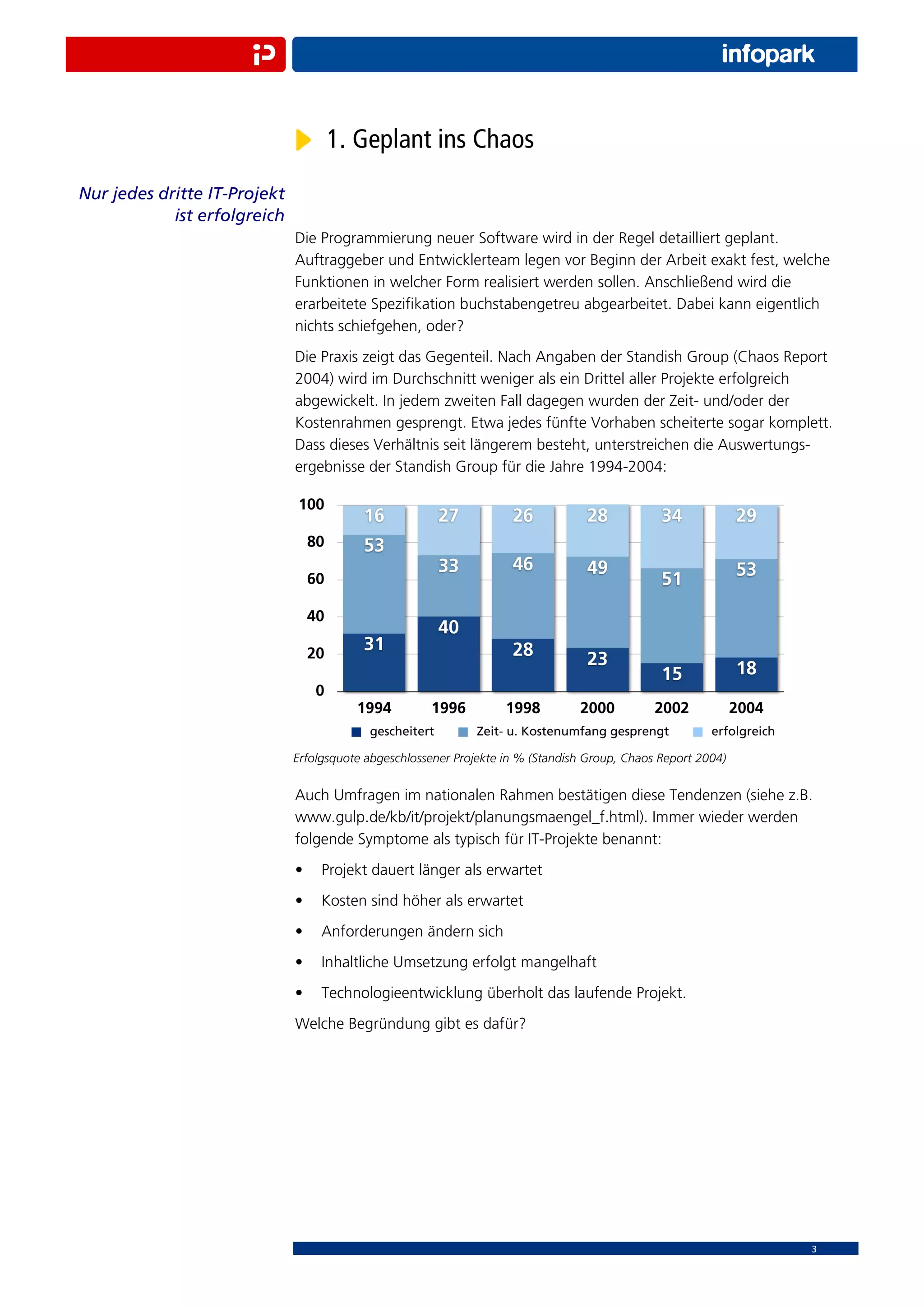 1. Geplant ins Chaos
Nur jedes dritte IT-Projekt
            ist erfolgreich
                              Die Programmierung neuer Software wird in der Regel detailliert geplant.
                              Auftraggeber und Entwicklerteam legen vor Beginn der Arbeit exakt fest, welche
                              Funktionen in welcher Form realisiert werden sollen. Anschließend wird die
                              erarbeitete Speziﬁkation buchstabengetreu abgearbeitet. Dabei kann eigentlich
                              nichts schiefgehen, oder?
                              Die Praxis zeigt das Gegenteil. Nach Angaben der Standish Group (Chaos Report
                              2004) wird im Durchschnitt weniger als ein Drittel aller Projekte erfolgreich
                              abgewickelt. In jedem zweiten Fall dagegen wurden der Zeit- und/oder der
                              Kostenrahmen gesprengt. Etwa jedes fünfte Vorhaben scheiterte sogar komplett.
                              Dass dieses Verhältnis seit längerem besteht, unterstreichen die Auswertungs-
                              ergebnisse der Standish Group für die Jahre 1994-2004:




                              Erfolgsquote abgeschlossener Projekte in % (Standish Group, Chaos Report 2004)


                              Auch Umfragen im nationalen Rahmen bestätigen diese Tendenzen (siehe z.B.
                              www.gulp.de/kb/it/projekt/planungsmaengel_f.html). Immer wieder werden
                              folgende Symptome als typisch für IT-Projekte benannt:
                              •    Projekt dauert länger als erwartet
                              •    Kosten sind höher als erwartet
                              •    Anforderungen ändern sich
                              •    Inhaltliche Umsetzung erfolgt mangelhaft
                              •    Technologieentwicklung überholt das laufende Projekt.
                              Welche Begründung gibt es dafür?




                                                                                                               3
 