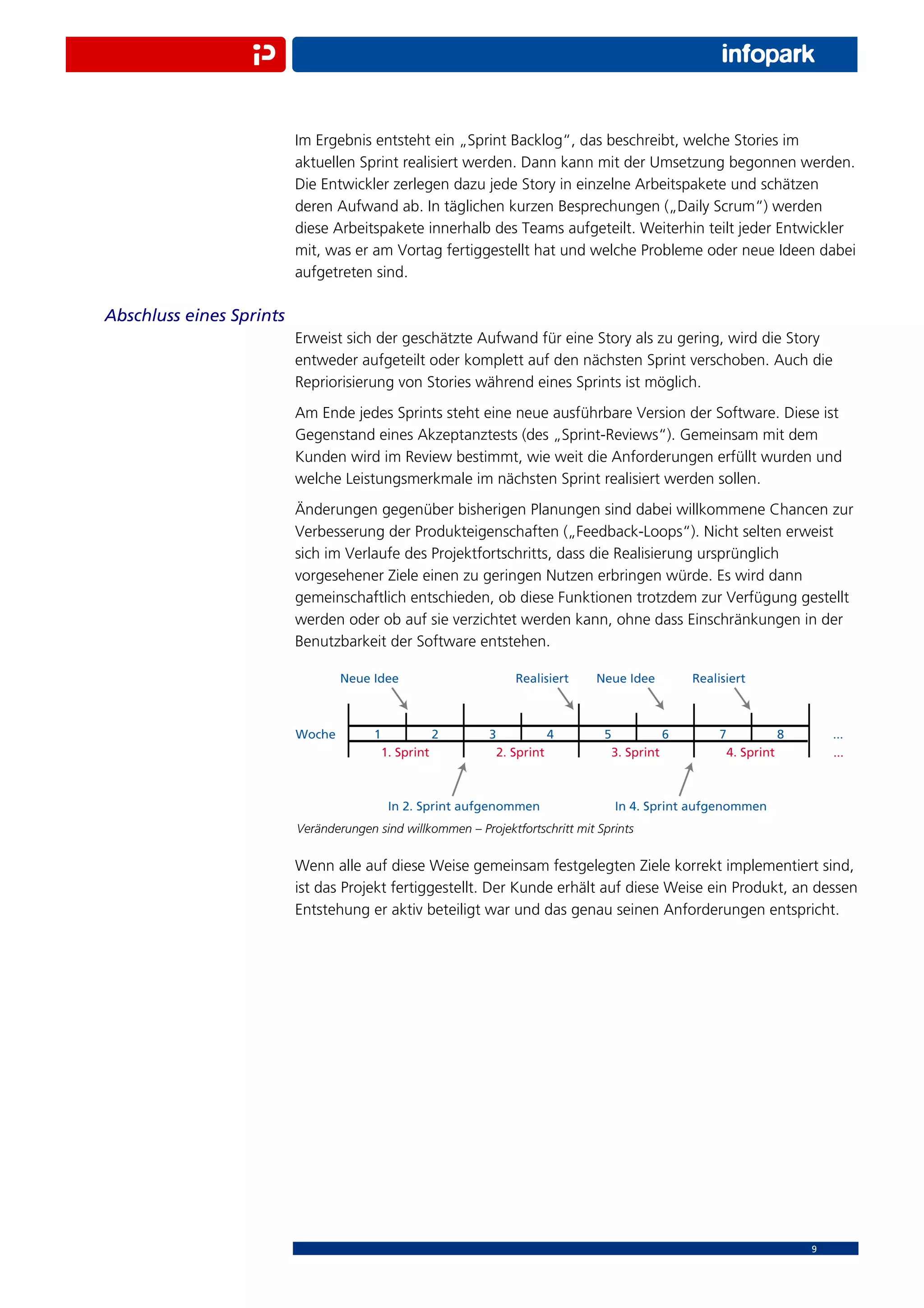 Im Ergebnis entsteht ein „Sprint Backlog“, das beschreibt, welche Stories im
                          aktuellen Sprint realisiert werden. Dann kann mit der Umsetzung begonnen werden.
                          Die Entwickler zerlegen dazu jede Story in einzelne Arbeitspakete und schätzen
                          deren Aufwand ab. In täglichen kurzen Besprechungen („Daily Scrum“) werden
                          diese Arbeitspakete innerhalb des Teams aufgeteilt. Weiterhin teilt jeder Entwickler
                          mit, was er am Vortag fertiggestellt hat und welche Probleme oder neue Ideen dabei
                          aufgetreten sind.

Abschluss eines Sprints
                          Erweist sich der geschätzte Aufwand für eine Story als zu gering, wird die Story
                          entweder aufgeteilt oder komplett auf den nächsten Sprint verschoben. Auch die
                          Repriorisierung von Stories während eines Sprints ist möglich.
                          Am Ende jedes Sprints steht eine neue ausführbare Version der Software. Diese ist
                          Gegenstand eines Akzeptanztests (des „Sprint-Reviews“). Gemeinsam mit dem
                          Kunden wird im Review bestimmt, wie weit die Anforderungen erfüllt wurden und
                          welche Leistungsmerkmale im nächsten Sprint realisiert werden sollen.
                          Änderungen gegenüber bisherigen Planungen sind dabei willkommene Chancen zur
                          Verbesserung der Produkteigenschaften („Feedback-Loops“). Nicht selten erweist
                          sich im Verlaufe des Projektfortschritts, dass die Realisierung ursprünglich
                          vorgesehener Ziele einen zu geringen Nutzen erbringen würde. Es wird dann
                          gemeinschaftlich entschieden, ob diese Funktionen trotzdem zur Verfügung gestellt
                          werden oder ob auf sie verzichtet werden kann, ohne dass Einschränkungen in der
                          Benutzbarkeit der Software entstehen.




                          Veränderungen sind willkommen – Projektfortschritt mit Sprints


                          Wenn alle auf diese Weise gemeinsam festgelegten Ziele korrekt implementiert sind,
                          ist das Projekt fertiggestellt. Der Kunde erhält auf diese Weise ein Produkt, an dessen
                          Entstehung er aktiv beteiligt war und das genau seinen Anforderungen entspricht.




                                                                                                         9
 