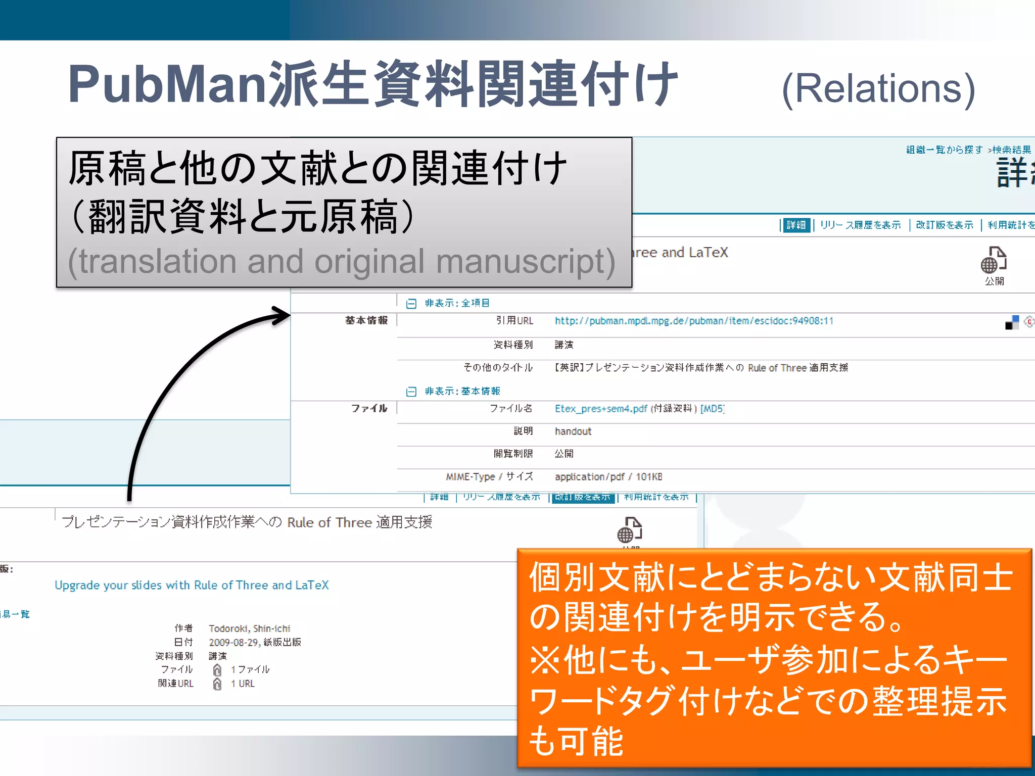 PubMan派生資料関連付け                                 (Relations)
原稿と他の文献との関連付け
（翻訳資料と元原稿）
(translation and original manuscript)




                               個別文献にとどまらない文献同士
                               の関連付けを明示できる。
                               ※他にも、ユーザ参加によるキー
                               ワードタグ付けなどでの整理提示
                                                             17
                               も可能     2009年度第3回SPARC Japanセミナー
                                                            @京都
 