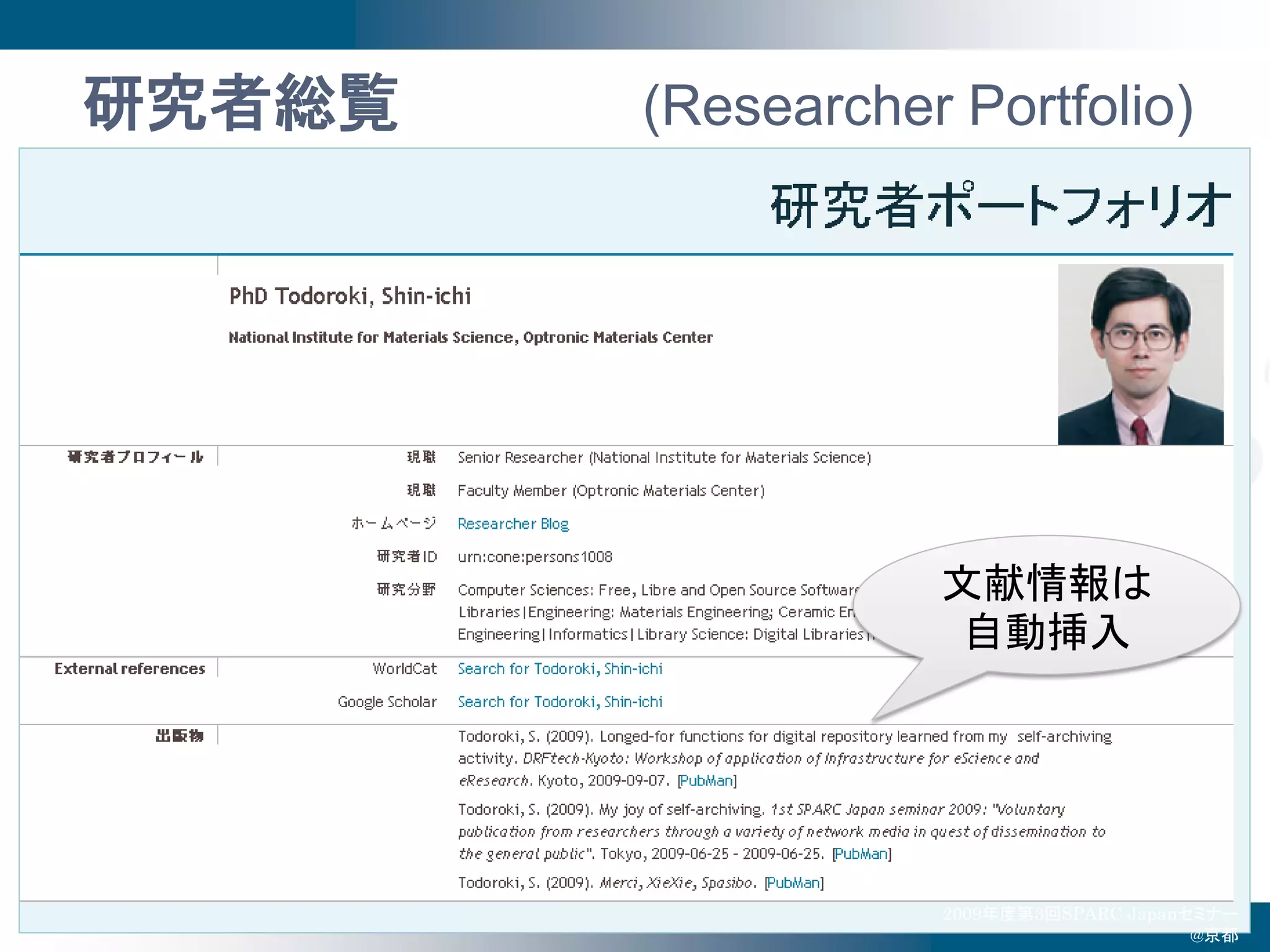 研究者総覧   (Researcher Portfolio)




                   文献情報は
                    自動挿入




                                        11
                   2009年度第3回SPARC Japanセミナー
                                        @京都
 
