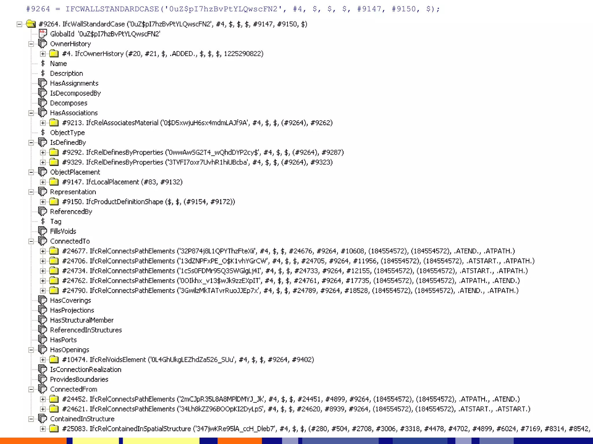 #9264 = IFCWALLSTANDARDCASE('0uZ$pI7hzBvPtYLQwscFN2', #4, $, $, $, #9147, #9150, $); 