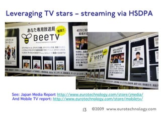 ©2009 www.eurotechnology.com13

Sequence of still images
create a slide show
Packet radio for mobile phones
Via mobile phone internet data connection, not licensed radio spectrum
Business model: combine music promotion clips with still images of DJ�
 