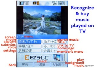 ©2009 www.eurotechnology.com
Lunch box mobile digital TV�
21

Mobile TV (1-seg) broadcast by national TV NHK to mobile phone
handsets
Specifically targeting office workers during the lunchbreak�
 