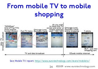 ©2009 www.eurotechnology.com24

From mobile TV to mobile
shopping
See: Mobile TV report: http://www.eurotechnology.com/sto...