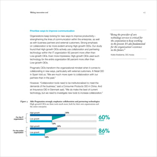 Making innovation real                                                                                                    17




                   Prioritize ways to improve communication
                                                                                                         “Being the provider of core
                   Organizations keep looking for new ways to improve productivity—
                                                                                                          technology services is critical for
                   strengthening the lines of communication within the enterprise, as well
                                                                                                          the corporation to keep working
                   as with business partners and external customers. Strong emphasis
                                                                                                          in the present. It’s also fundamental
                   on collaboration is far more evident among High-growth CIOs. Our study                 for the organization’s existence
                   found that High-growth CIOs actively use collaboration and partnering                  in the future.”
                   technology within the IT organization 60 percent more often than
                                                                                                          Koldo Etxeberria, CIO, Kutxa
                   Low-growth CIOs. Even more impressive, High-growth CIOs used such
                   technology for the entire organization 86 percent more often than
                   Low-growth CIOs.

                   Pragmatic CIOs transform the organizational mindset when it comes to
                   collaborating in new ways, particularly with external customers. A Retail CIO
                   in Spain told us, “We are much more open to collaboration with our
                   partners than in the past.”

                   However, “Collaboration tools need to be institutionalized to meet the
                   demands of the business,” said a Consumer Products CIO in China. And
                   an Insurance CIO in Denmark said, “We do make the best of current
                   technology, but we need to investigate new tools to increase collaboration.”


         Figure 5	 Able Pragmatists strongly emphasize collaboration and partnering technologies
                   High-growth CIOs use these tools much more, both for their own organizations and
                   the entire enterprise.


                   High-growth                              53%

   For the IT
organization       Low-growth                                                                    60%
                                                                                                  more
                                             33%
                   High-growth                     41%

For the entire
 organization      Low-growth                                                                    86%
                                                                                                  more
                                     22%
 