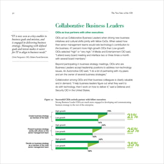 30                                                                                                                  The New Voice of the CIO




                                                    Collaborative Business Leaders
                                                    CIOs as true partners with other executives
“IT is now seen as a key enabler to
                                                    CIOs act as Collaborative Business Leaders when driving new business
 business goals and mission, and
                                                    initiatives and cultural shifts jointly with fellow CxOs. When asked how
 is engaged in delivering business
 strategy. Managing with defined                    their senior management teams would rate technology’s contribution to
 goals and intent makes it easier                   the business, 47 percent more High-growth CIOs than Low-growth
 for IT to align to business needs.
                                  ”                 CIOs selected “high” or “very high.” A Media and Entertainment CIO said,
                                                    “I attend every board meeting and interface two or three times a month
 Chris Ferguson, CIO, Elders Rural Services
                                                    with several board members.”

                                                    Beyond participating in business strategy meetings, CIOs who are
                                                    Business Leaders accept leadership positions to address non-technology
                                                    issues. An Automotive CIO said, “I do a lot of partnering with my peers
                                                    and am the owner of several business strategies.”

                                                    Collaboration among CIOs and their business colleagues is clearly valuable
                                                    and in demand. “I help business leaders figure out what they want to
                                                    do with technology, then I work on how to deliver it,” said a Defense and
                                                    Security CIO in the United States.


                                        Figure 10   Successful CIOs actively partner with fellow executives
                                                    Strong Business Leader CIOs are much more engaged in developing and communicating
                                                    business strategy to the rest of the enterprise.


                                                    High-growth                                                74%

                    Create business strategy
                     as member of the team          Low-growth                                                                        21%
                                                                                                                                       more
                                                                                                   61%
                                                    High-growth                                          66%

                   Present business strategy
                    jointly with others on the
                   senior management team
                                                    Low-growth                                                                        25%
                                                                                                                                       more
                                                                                             53%
                                                    High-growth                                    62%

                 Decide on business strategy
                    as a member of the most
                   senior management team
                                                    Low-growth                                                                        35%
                                                                                                                                       more
                                                                                       46%
 