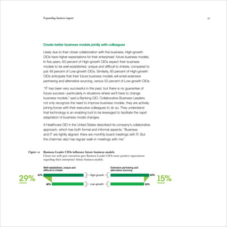 Expanding business impact                                                                                  31




                    Create better business models jointly with colleagues

                    Likely due to their closer collaboration with the business, High-growth
                    CIOs have higher expectations for their enterprises’ future business models.
                    In five years, 63 percent of High-growth CIOs expect their business
                    models to be well-established, unique and difficult to imitate, compared to
                    just 49 percent of Low-growth CIOs. Similarly, 60 percent of High-growth
                    CIOs anticipate that their future business models will entail extensive
                    partnering and alternative sourcing, versus 52 percent of Low-growth CIOs.

                     “IT has been very successful in the past, but there is no guarantee of
                    future success—particularly in situations where we’ll have to change
                    business models,” said a Banking CIO. Collaborative Business Leaders
                    not only recognize the need to improve business models, they are actively
                    joining forces with their executive colleagues to do so. They understand
                    that technology is an enabling tool to be leveraged to facilitate the rapid
                    adaptation of business model changes.

                    A Healthcare CIO in the United States described his company’s collaborative
                    approach, which has both formal and informal aspects: “Business
                    and IT are tightly aligned: there are monthly board meetings with IT. But
                    the chairman also has regular walk-in meetings with me.”


       Figure 11    Business Leader CIOs influence future business models
                    Closer ties with peer executives give Business Leader CIOs more positive expectations
                    regarding their enterprises’ future business models.

                    Well-established, unique and                            Extensive partnering and
                    difficult to imitate                                    alternative sourcing


29%                                                                                                                     15%
              63%                                          High-growth                                            60%


more                  49%                                  Low-growth                                       52%
                                                                                                                        more
 