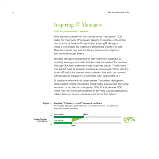 32                                                                                          The New Voice of the CIO




                            Inspiring IT Managers
                            CIOs as consummate IT experts

                            While partnering closely with the business is vital, High-growth CIOs
                            realize the importance of honing and applying IT expertise—not just their
                            own, but that of the entire IT organization. Inspiring IT Managers
                            create a work setting that enables the professional growth of IT staff.
                            They demonstrate high technical literacy that earns the respect of
                            their technical thought leaders.

                            Strong IT Managers motivate their IT staff to strive for excellence by
                            providing learning opportunities that also meet the needs of the business.
                            Although CIOs have traditionally made it a priority to build IT skills, many
                            now see the need for increased business acumen as well. “We’re planning
                            to send IT staff to the business units to develop their skills, but have not
                            yet been able to organize it in a systematic way,” said a Retail CIO.

                            To build an environment that fosters greater IT expertise, High-growth
                            CIOs create IT centers of excellence to help realize business and technology
                            innovation more often than Low-growth CIOs. One Government CIO
                            noted, “We have centers of excellence for ERP and business applications,
                            collaboration and security—some are more formal than others.”


                Figure 12   Inspiring IT Managers create IT centers of excellence
                            As strong IT Managers, CIOs create and concentrate top-level IT expertise to
                            help solve business problems.


                            High-growth                         44%

     Create IT centers
        of excellence       Low-growth                                                                       69%
                                                                                                              more
                                                 26%
 