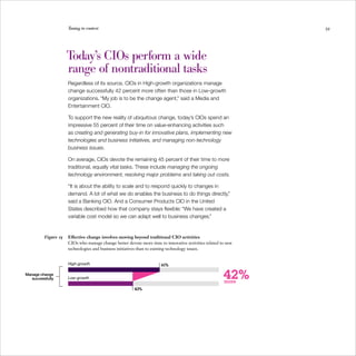 Tuning to context                                                                        39




                      Today’s CIOs perform a wide
                      range of nontraditional tasks
                      Regardless of its source, CIOs in High-growth organizations manage
                      change successfully 42 percent more often than those in Low-growth
                      organizations. “My job is to be the change agent,” said a Media and
                      Entertainment CIO.

                      To support the new reality of ubiquitous change, today’s CIOs spend an
                      impressive 55 percent of their time on value-enhancing activities such
                      as creating and generating buy-in for innovative plans, implementing new
                      technologies and business initiatives, and managing non-technology
                      business issues.

                      On average, CIOs devote the remaining 45 percent of their time to more
                      traditional, equally vital tasks. These include managing the ongoing
                      technology environment, resolving major problems and taking out costs.

                      “It is about the ability to scale and to respond quickly to changes in
                      demand. A lot of what we do enables the business to do things directly,”
                      said a Banking CIO. And a Consumer Products CIO in the United
                      States described how that company stays flexible: “We have created a
                      variable cost model so we can adapt well to business changes.”


          Figure 15   Effective change involves moving beyond traditional CIO activities
                      CIOs who manage change better devote more time to innovative activities related to new
                      technologies and business initiatives than to existing technology issues.


                      High-growth                                     61%

Manage change
   successfully       Low-growth                                                                       42%
                                                                                                       more
                                                        43%
 