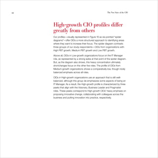 44                                                          The New Voice of the CIO




     High-growth CIO profiles differ
     greatly from others
     Our profiles—visually represented in Figure 16 as six-pointed “spider
     diagrams”—offer CIOs a more structured approach to identifying areas
     where they want to increase their focus. The spider diagram contrasts
     three groups of our study respondents—CIOs from organizations with
     High PBT growth, Medium PBT growth and Low PBT growth.

     Above all, CIOs in Low-growth organizations focus on the IT Manager
     role, as represented by a strong spike at that point of the spider diagram.
     But, as the diagram also shows, this heavy concentration ultimately
     shortchanges focus on the other five roles. The profile of CIOs from
     Medium-growth organizations shows a comparatively low, though nicely
     balanced emphasis across all roles.

     CIOs in High-growth organizations use an approach that is still well-
     balanced, although this group de-emphasizes some aspects of being an
     IT Manager. As a result, the High-growth profile is characterized by three
     peaks that align with the Visionary, Business Leader and Pragmatist
     roles. These peaks correspond to High-growth CIOs’ heavy emphasis on
     proposing innovative change, collaborating with colleagues across the
     business and putting innovation into practice, respectively.
 
