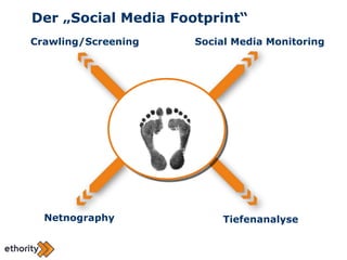 Crawling/Screening Social Media Monitoring Tiefenanalyse Netnography Der „Social Media Footprint“ 