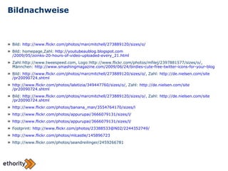 Bildnachweise Bild:  http://www.flickr.com/photos/marcmitchell/273889120/sizes/o/ Bild: homepage,Zahl:  http:// youtubeaublog.blogspot.com /2009/05/zoinks-20-hours-of-video-uploaded-every_21.html Zahl:http://www.tweespeed.com, Logo:http://www.flickr.com/photos/mfilej/2397881577/sizes/o/, Männchen:  http:// www.smashingmagazine.com /2009/06/24/ birdies-cute-free-twitter-icons-for-your-blog Bild:  http:// www.flickr.com / photos / marcmitchell /273889120/ sizes /o/ , Zahl:  http:// de.nielsen.com / site /pr20090724.shtml http:// www.flickr.com / photos / laletizia /349447760/ sizes /o/ , Zahl:  http:// de.nielsen.com / site /pr20090724.shtml Bild:  http:// www.flickr.com / photos / marcmitchell /273889120/ sizes /o/ , Zahl:  http:// de.nielsen.com / site /pr20090724.shtml http:// www.flickr.com / photos / banana_man /3554764170/ sizes /l http ://www.flickr.com/photos/appurupai/3666079131/sizes/l/ http://www.flickr.com/photos/appurupai/3666079131/sizes/l/ Footprint:  http://www.flickr.com/photos/23388533@N02/2244352749/ http://www.flickr.com/photos/mlcastle/145896723 http://www.flickr.com/photos/seandreilinger/2459266781 
