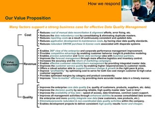 Our Value Proposition Improves the enterprise  core data quality  (i.e. quality of customers, products, suppliers, etc. data). Improves the  decision quality  by securing reliable, high quality master data “just in time”. Improves the  availability of key data  – speed of access, data timeliness, common (user) support. Improves all management activities through  enhanced abilities  to access consolidated data across the enterprise and more  quickly integrate new data  (new customers, new products, etc.). Eliminates/prevents redundant & non-coordinated data quality activities   within the company. Enables development projects to deliver consistent  high quality  results  faster and cheaper . Reduces  cost of manual data reconciliation & alignment  efforts, error fixing, etc. Reduces the  data redundancy cost  by consolidating & eliminating duplicate masters. Reduces  reporting costs  as a result of continuously consistent and updated data. Reduces  application development & maintenance costs , by having clear data quality standards. Reduces  redundant SW/HW purchase & license costs  associated with disparate systems Enables  360º view of the enterprise  and corporate performance management improvement. Provides  competitive advantage  by enabling customer behavior insight & predictive modeling. Enables  process automation  and  faster data exchange  also with  business partners . Improves the  forecast management  through more effective logistics and inventory control.  Increases the accuracy and the  return of marketing campaigns . Enables  effective customer retention/churn management  by providing integrated master data. Improves the  customer service quality  by enabling higher responsiveness to customer needs. Offers a robust solution able to  support business change & growth  in the right pace & price. Improve  “profitability”  by optimizing cost to serve for both low cost margin customer & high-value customer segments Provides optimized margins by category and product consistently Improves  “time-to-market” efficiency  by providing more accurate master data in a timely manner. Revenue Quality Cost Value Proposition Many factors support a strong business case for effective Data Quality Management How we respond 