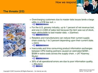 The threats (2/2) « Overcharging customers due to master data issues lands a large utility in a $1B law suit.  » « For the U.S. grocery industry, up to 1 percent of net revenue lost, and one in 2,000 of sales lost because the item was out of stock, were attributable to bad master data.  »  (Gartner) « Retailers and manufacturers can reduce their current supply chain costs by 1 to 3 percent depending upon their current state.  »  (GCI) « Inaccurate and time consuming product information exchanges between CPG trading partners caused an estimated $25M - $50M in extra costs across the supply chain.  »  (AT Kearney Study) « 30% of all operational errors are due to poor information quality.  »  (Reuters) How we respond Master Data & Metadata Master Data & Metadata Master Data & Metadata Master Data & Metadata Data Quality 