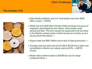 The threats (1/2) « Data Quality problems cost U.S. businesses more than $600 billion a year. » (TDWI) « NASA lost its $125M Mars Climate Orbiter because one group of engineers used kilograms and meters, while another used pounds and feet. The error caused the spacecraft to fly too close to the Martian surface where it either burned up or broke up as it swung around the planet.  » « Rogue trader lost $691 Million due to lack of data governance.  » « Average costs per data mart are $1.5M to $2.0M and a data mart consolidation initiative can reduce costs by 50%.  »  (META Group) « Master data problems leads to $250M law suit of a large investment bank.  » Client Challenges 