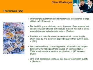 The threats (2/2) « Overcharging customers due to master data issues lands a large utility in a $1B law suit.  » « For the U.S. grocery industry, up to 1 percent of net revenue lost, and one in 2,000 of sales lost because the item was out of stock, were attributable to bad master data.  »  (Gartner) « Retailers and manufacturers can reduce their current supply chain costs by 1 to 3 percent depending upon their current state.  »  (GCI) « Inaccurate and time consuming product information exchanges between CPG trading partners caused an estimated $25M - $50M in extra costs across the supply chain.  »  (AT Kearney Study) « 30% of all operational errors are due to poor information quality.  »  (Reuters) Client Challenges 