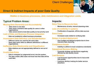 Direct & Indirect Impacts of poor Data Quality Hidden in business processes ,  data maintenance and integration costs.   Typical Problem Areas: Missing Data Ownership and Accountability Data owner is not clear Data owner maintains data quality for users in other organizations Data owners tend to treat data quality as low priority work Lack of Data and Business Process Integration Data not modeled to reflect business processes. Inconsistent Data Definition and Standardization Different names are used for the same data;  Same data name refers to different definitions in different organizations. Ineffective Data Relationship and Classification   Data relations are not appropriately defined or are out of date. Invalid Data Entry Data is mistyped (or judgmental error) into the system. The data creator often does not know how that data will be used later. Impacts: Extra Time to Reconcile Data Maintenance of extra, manual cleansing rules Loss of credibility in systems Proliferation of separate, off-line data sources Extra Costs Increased costs related to verifying data Delays in project deployment Over budget and delayed projects due to time-intensive data cleansing Compliance Issues Inability to adhere to local compliance standards Suboptimal Decision Making  Corporate strategy and decisions negatively affected by data quality issues  Lost Revenue Lost business opportunities due to inaccurate data quality Customer attrition looking for better service elsewhere Client Challenges 