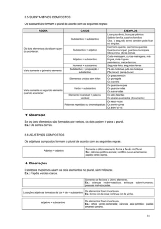 8.5 SUBSTANTIVOS COMPOSTOS

 Os substantivos formam o plural de acordo com as seguintes regras:

             REGRA                                 CASOS                                     EXEMPLOS
                                                                       Licença-prêmio, licenças-prêmios
                                                                       Salário-família, salários-famílias
                                        Substantivo + substantivo
                                                                       Obs.: o segundo termo também pode ficar
                                                                       no singular.
                                                                       Cachorro-quente, cachorros-quentes
Os dois elementos pluralizam quan-
                                          Substantivo + adjetivo       Guarda-municipal, guardas-municipais
do acontecer:
                                                                       Obra-prima, obras-primas
                                                                       Curta-metragem, curtas-metragens, má-
                                          Adjetivo + substantivo       língua, más-línguas,
                                                                       meio-termo, meios-termos
                                          Numeral + substantivo        Segunda-feira, segundas-feiras
                                       Substantivo + preposição +      Pé-de-moleque, pés-de-moleque
Varia somente o primeiro elemento
                                               substantivo             Pôr-do-sol, pores-do-sol
                                                                       Os passatempos
                                       Elementos unidos sem hífen      Os pontapés
                                                                       Os vaivéns
                                                                       Os guarda-roupas
                                           Verbo + substantivo         Os guarda-vidas
Varia somente o segundo elemento                                       Os salva-vidas
quando acontecer:
                                      Elemento invariável + palavra    Os alto-falantes
                                                  variável             Os abaixo-assinados (documento)
                                                                       Os reco-recos
                                   Palavras repetidas ou onomatopaicas Os corre-corres
                                                                       Os bem-te-vis


 ➔ Observação

 Se os dois elementos são formados por verbos, os dois podem ir para o plural.
 Ex.: Os corres-corres.


 8.6 ADJETIVOS COMPOSTOS

 Os adjetivos compostos formam o plural de acordo com as seguintes regras:

                                                        Somente o último elemento forma a flexão do Plural.
                  Adjetivo + adjetivo
                                                        Ex.: ciências político-sociais; conflitos russo-americanos;
                                                        papéis verde-claros.


 ➔ Observações

 Escritores modernos usam os dois elementos no plural, sem hifenizar.
 Ex.: Papéis verdes claros.

                                                        Somente se flexiona o último elemento.
                                                        Ex.: crianças recém-nascidas; esforços            sobre-humanos;
                                                        pessoas mal-educadas.

                                                        Os elementos ficam invariáveis.
Locuções adjetivas formadas de cor + de + substantivo
                                                        Ex.: livros cor-de-rosa; cortinas cor de vinho.

                                                        Os elementos ficam invariáveis.
               Adjetivo + substantivo
                                                        Ex.: olhos verde-esmeralda; canetas azul-petróleo; pastas
                                                        amarelo-canário.


                                                                                                                  44
 