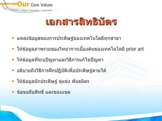 เอกสารสทธบตร
แหล:งขอมลของการประดษฐของเทคโนโลยทกสาขา

ใหขอมลภาพรวมของวทยาการเบ0องตนของเทคโนโลย prior art
                         G

ใหขอมลท,ระบป`ญหาและวธการแกไขป`ญหา

อธบายถHงวธการฝbกปฏบ&ตเพ0,อประดษฐตามได

ใหขอมลน&กประดษฐ ค:แข:ง พ&นธมตร

ขอขอถ0อสทธ6 และขอบเขต
 