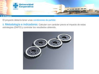 El proyecto debería tener unas  condiciones de partida: 5.  Metodología e indicadores:   Calcular con carácter previo el impacto de estas estrategias (DAFO) y controlar los resultados obtenido. 3. El Proyecto 