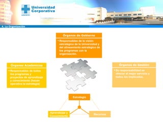4. La Organización Estrategia Aprendizaje y Conocimiento Recursos Responsables de la visión estratégica de la Universidad y del alineamiento estratégico de los programas con la organización. Órganos de Gobierno Responsables de todos los programas y proyectos de aprendizaje y conocimiento (hacen operativa la estrategia) Órganos Académicos Su responsabilidad es ofrecer el mejor servicio a todos los implicados. Órganos de Gestión 