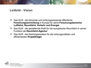 Leitbild - Vision Das DLR - die führende und richtungsweisende öffentliche  Forschungseinrichtung  in Europa für seine  Forschungsbereiche Luftfahrt, Raumfahrt, Verkehr und Energie Das DLR - die gestaltende Kraft für die europäische Raumfahrt in seiner Funktion als  Raumfahrt-Agentur Das DLR - die Dachorganisation für die wirkungsvollsten und effizientesten  Projektträger 