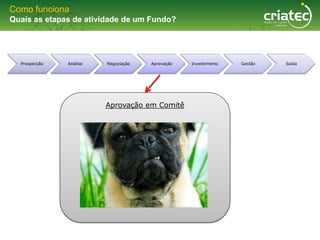Como funciona
Quais as etapas de atividade de um Fundo?




  Prospecção   Análise   Negociação   Aprovação   Investimento   Gestão   Saída




                         Aprovação em Comitê
 
