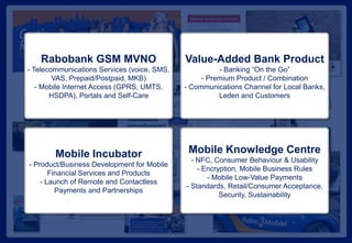 Rabobank GSM MVNO- Telecommunications Services (voice, SMS, VAS, Prepaid/Postpaid, MKB)<br />- Mobile Internet Access (GPR...