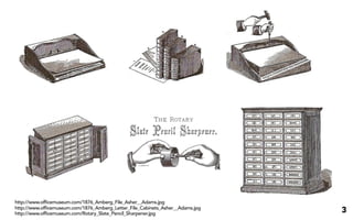 http://www.officemuseum.com/1876_Amberg_File_Asher__Adams.jpg
http://www.officemuseum.com/1876_Amberg_Letter_File_Cabinets_Asher__Adams.jpg
http://www.officemuseum.com/Rotary_Slate_Pencil_Sharpener.jpg                   3
 