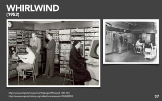 WHIRLWIND
(1952)




 http://www.computermuseum.li/Testpage/Whirlwind-1949.htm
 http://www.computerhistory.org/collections/accession/102622503   37
 