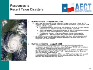 Worst DFW Metroplex Storm in a Century - June 2004 On June 1, 2004, thunderstorms accompanied by hurricane-strength winds struck the Dallas-Fort Worth Metroplex, knocking out power to an estimated 1.4 million customers – the worst storm in terms of service interruptions in Oncor Electric Delivery’s history. Oncor called in 3,700 repair personnel and ultimately repaired 23 substations, replaced 550 power poles, worked 4,000 reports of downed wires, and removed about 40,000 damaged or fallen trees. Quick Response to Hurricane Claudette - July 2003 In July 2003, Hurricane Claudette hit the Gulf Coast and Houston area, affecting millions of Texans and pounding power lines. When the hurricane hit, the electric grid service areas controlled by AEP Texas Central, CenterPoint Energy and Texas-New Mexico Power Co. were buffeted by winds as strong as 100 miles per hour, flash floods and intense squalls. Response plans included supplying additional manpower, trucks and equipment to aid in restoring electric service quickly and safely. South Texas Flood - June 2001 When Tropical Storm Allison rolled in from the Gulf of Mexico in June 2001, its winds were minimal, but rainfall totals topped 36 inches. The Houston area suffered significant damages, estimated at $5 billion. CenterPoint Energy crews returned power to the city's crucial commercial and medical centers, restoring 28 of the 49 lost circuits within 24 hours and the remaining within 3 days. They replaced 170 sets of 3-phase switch gear, 90 underground transformers, and refurbished 289 underground vaults. Responses to Recent Texas Disasters 