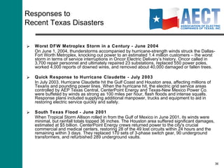 Glossary in Terms of Restoration Circuits  –  Main power lines carrying bulk electricity from substations that deliver electricity from one subdivision to the next (usually serve 1,000 or more customers).  Laterals – Smaller power lines branching off main circuit feeders to deliver electricity to individual segments of an area (usually serve fewer than 100 customers).     Service drops – low voltage lines running from the utility pole to individual homes. Usually made up of two 120-volt lines and a neutral (can be connected to either a main circuit feeder or a branch lateral) Weatherhead – a weatherproof electrical service point for overhead electrical service (customer owns this equipment) 