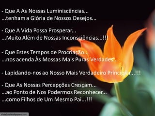 - Que A As Nossas Luminiscências...
...tenham a Glória de Nossos Desejos...
- Que A Vida Possa Prosperar...
...Muito Além de Nossas Inconsciências...!!!
- Que Estes Tempos de Procriação...
...nos acenda Às Mossas Mais Puras Verdades...

- Lapidando-nos ao Nosso Mais Verdadeiro Principiar...!!!
- Que As Nossas Percepções Cresçam...
...ao Ponto de Nos Podermos Reconhecer...
...como Filhos de Um Mesmo Pai...!!!

 