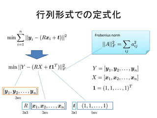 行列形式での定式化
                         Frobenius norm




3xn

      R           t
      3x3   3xn   3x1   1xn
 