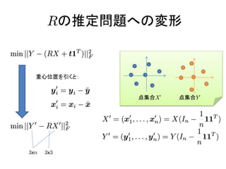 Rの推定問題への変形


  重心位置を引くと：


              点集合X’   点集合Y’




3xn   3x3
 