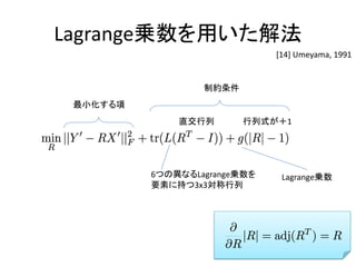 Lagrange乗数を用いた解法
                              [14] Umeyama, 1991


                  制約条件
 最小化する項
              直交行列       行列式が＋1




          6つの異なるLagrange乗数を    Lagrange乗数
          要素に持つ3x3対称行列
 