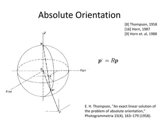 Absolute Orientation
                                   [8] Thompson, 1958
                                   [16] Horn, 1987
                                   [9] Horn et. al, 1988




                     ‘




           E. H. Thompson, "An exact linear solution of
           the problem of absolute orientation,"
           Photogrammetria 15(4), 163–179 (1958).
 